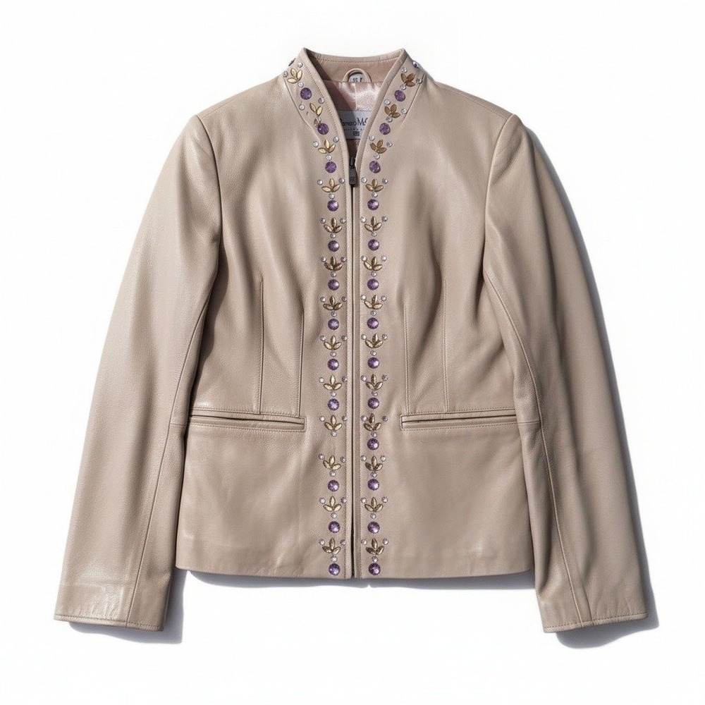 Pamela McCoy Leather Jacket XS Beige Crystal Embellished Zip Up Glam Mob Wife